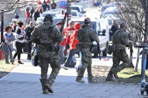 Police respond to an active shooter after shots were fired near the Kansas City Chiefs' Super Bowl LVIII victory parade on February 14, 2024, in Kansas City, Missouri. Multiple people were injured after gunfire erupted at the Kansas City Chiefs Super Bowl victory rally on Wednesday, local police said.Kansas City Police said in a tweet "multiple people" were struck after shots rang out near Union Station, where just moments earlier Chiefs players had addressed fans.